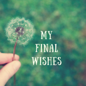 Hand holding a dandelion with the text "my final wishes"