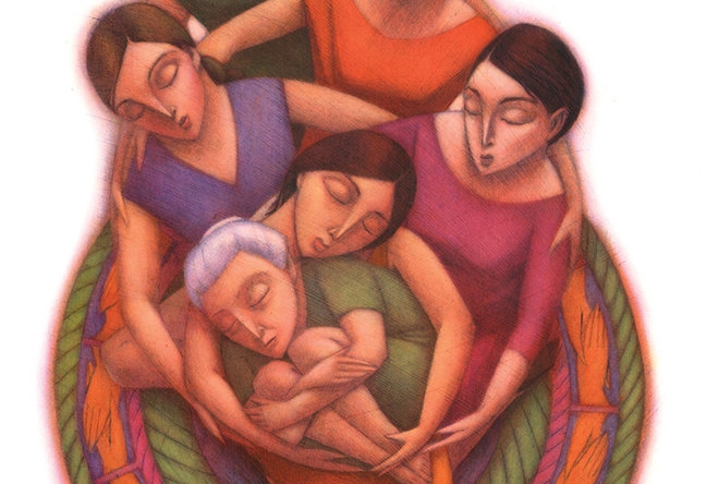 Colored drawing of family of different aged women embracing each other